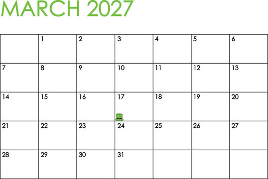 March 2027 month calendar. Simple design in green and black colors and a leprechaun hat marking Saint Patrick's Day on March 17th