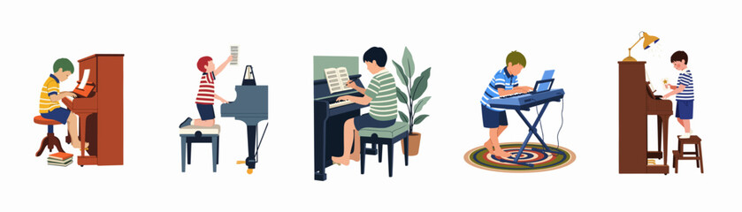 Set of vector illustrations featuring young boys learning to play, practice, and compose music on various types of pianos and electronic keyboards. © Anna
