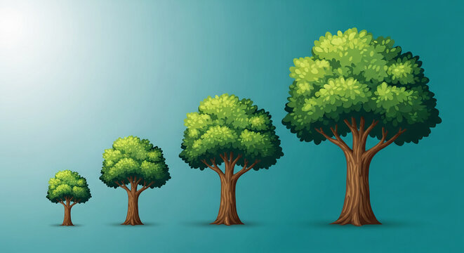Four green trees of increasing size, symbolizing growth, progress, and life cycle, set against a gradient blue background, suitable for environmental or business concepts