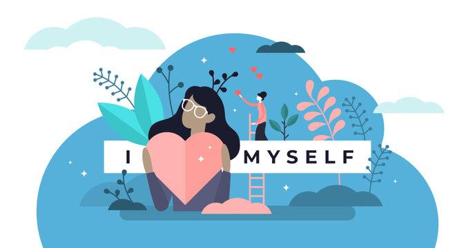Self esteem illustration, transparent background. Flat tiny personal confidence persons concept. Psychological mindset and life attitude as pride, appreciation and acceptance feeling.