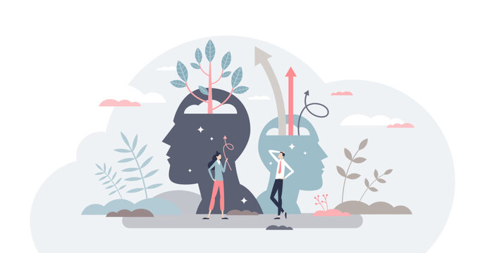 Self esteem and growth confidence with pride and belief tiny person concept, transparent background. Personal development with proud attitude and improved psychological power illustration.