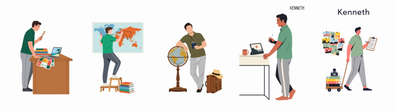 Flat vector illustration of a man named Kenneth planning his travels, mapping routes, packing bags, and documenting his adventures with a camera and tablet.