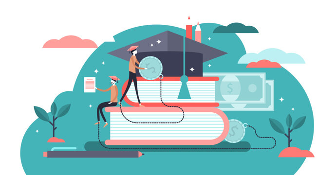 Student loans illustration, transparent background. Flat tiny study finance persons concept. Education investment banking business. Economical system to get money for college or university.