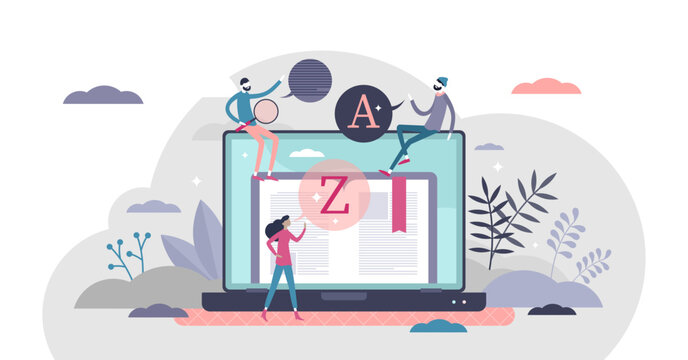 Vocabulary illustration, transparent background. Words and grammar knowledge skill flat tiny persons concept. Get wide and extensive foreign language communication understanding.