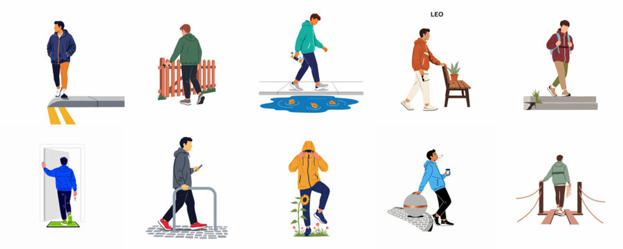 Set of flat vector illustrations showing a young man in various daily activities, urban scenes, and outdoor settings.