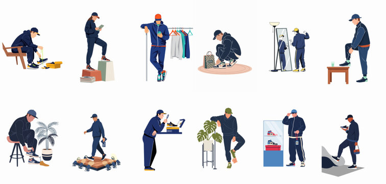 Collection of flat vector illustrations featuring people in tracksuits and sneakers engaged in various shopping, styling, and sneaker culture activities.