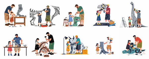 Father and daughter building and repairing various robotic dinosaurs and skeletons in a series of workshop scenes, promoting STEM education and family bonding. © Yola