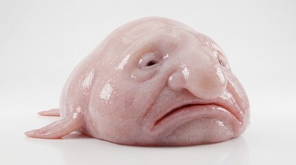 Naklejka premium A close-up studio shot of a gelatinous pink blobfish isolated against a clean white background area.