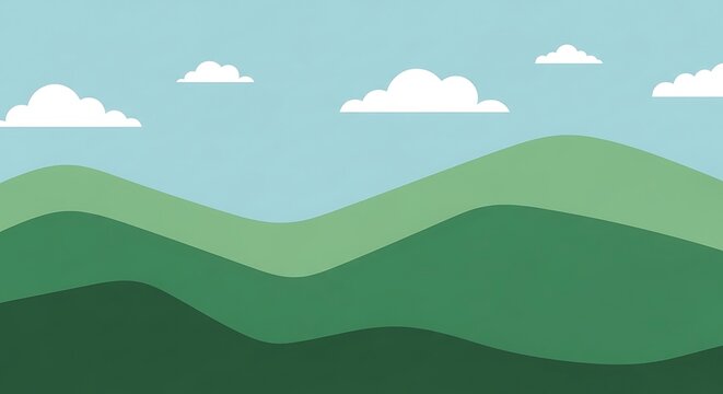Serene green hills under a bright blue sky with fluffy clouds.