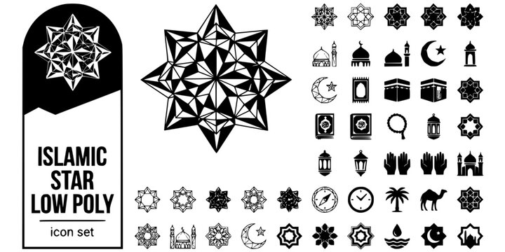 Islamic Star Low Poly Black White-Triangulated Angular Fill Star Point-Contemporary Art Vector-Star Icon Low Poly-Islamic Pattern Design Set