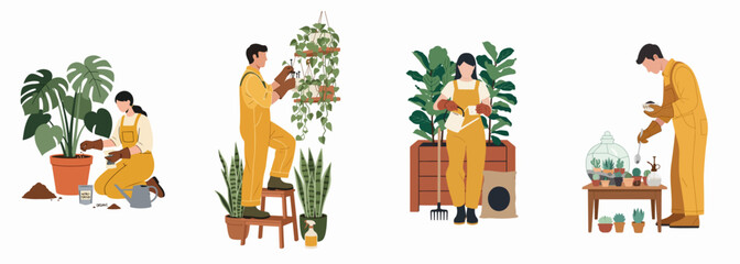 Fototapeta premium Vector illustration set of people caring for indoor plants, watering, fertilizing, and pruning houseplants for home gardening and hobby concepts.