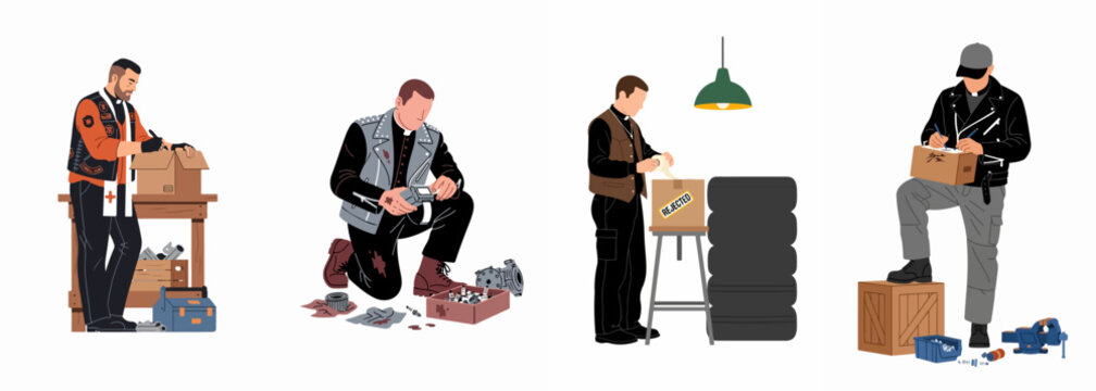 Collection of flat illustrations depicting priests in biker and worker clothing performing manual labor, sorting, and packaging tasks in a warehouse setting.
