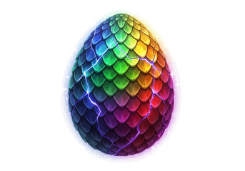 Obraz premium A vibrant rainbow colored dragon egg with detailed shimmering scales on a white background.
