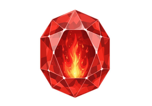 A vibrant red gemstone featuring a glowing fire effect inside its faceted structure.