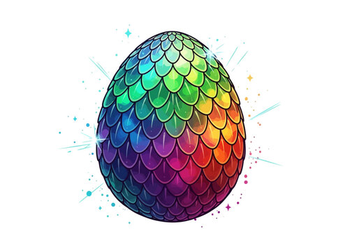 A vibrant rainbow colored dragon egg with intricate scale patterns.