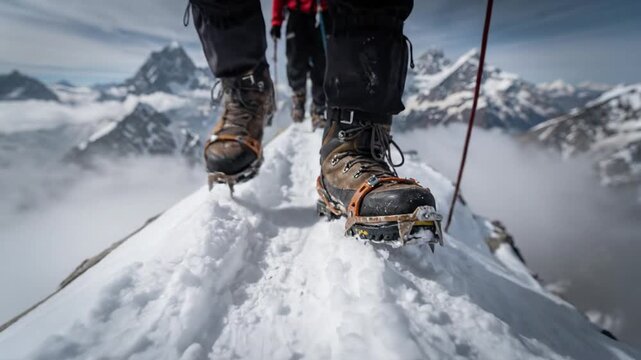 Mountaineers cautiously traverse a narrow, snowy ridge at high altitude, their crampon-clad boots gripping the ice against a backdrop of breathtaking alpine peaks and clouds.