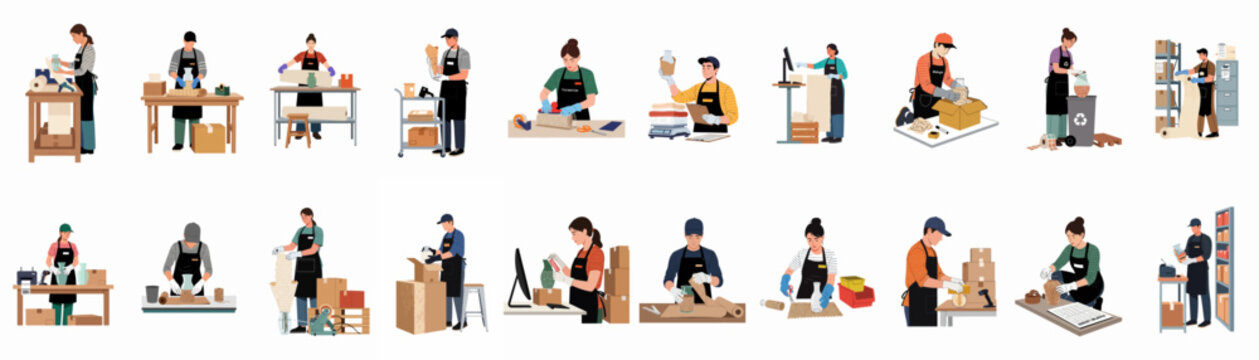 Illustrations of warehouse staff carefully packing fragile vases and glassware for shipping in various workspace scenarios, featuring packing materials and equipment.