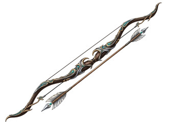 Obraz premium An ornate fantasy recurve bow with a matching arrow isolated on white.