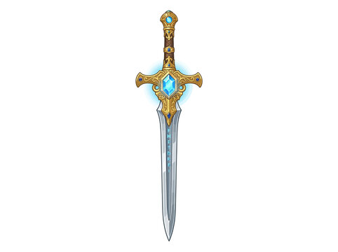Ornate fantasy sword with glowing blue gemstone and golden hilt.