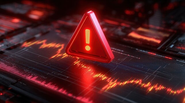 Digital Warning Sign: A bright red triangular warning sign with an exclamation mark glows intensely over a digital display of financial data, symbolizing a potential crisis or alert.