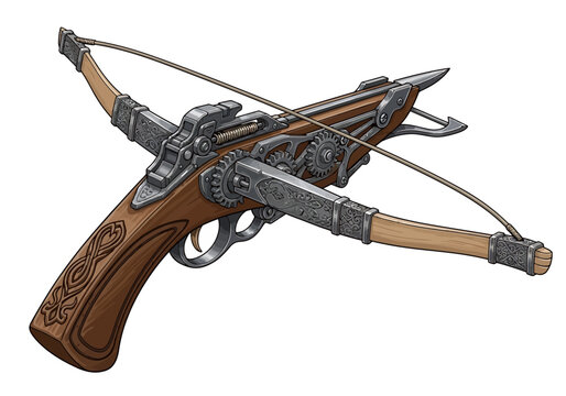 A detailed illustration of a fantasy hand crossbow with ornate wooden handle and metallic mechanisms.