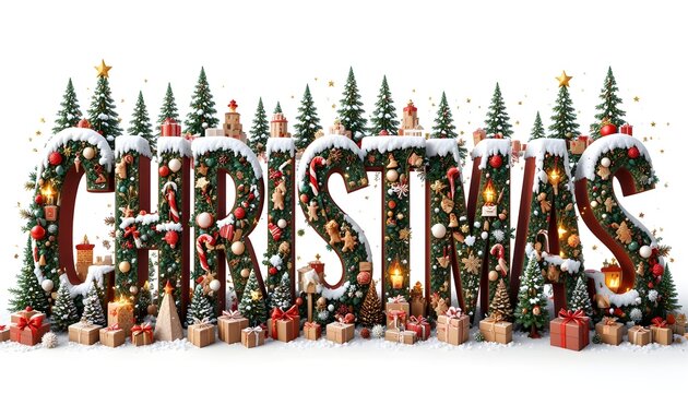 Vibrant Christmas trees and gifts surround the word Christmas in a festive adobe stock scene.