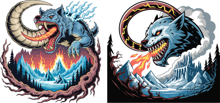 Fierce blue wolf with fiery breath, ice mountains, and a dark forest landscape fire flame