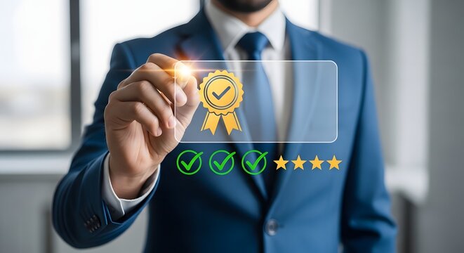 Businessman in a suit touching a digital screen showing a quality gold award badge and five star rating