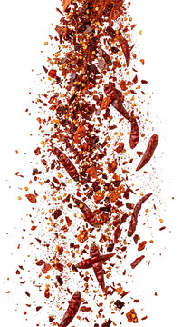 Crushed red chili flakes falling on white background, spicy dried pepper seasoning explosion, hot paprika and chili seeds isolated png