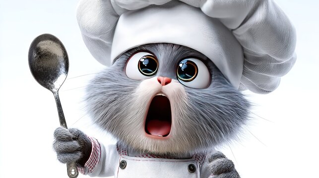 Chef Cat's Culinary Surprise: A shocked cartoon cat wearing a chef's hat and uniform holds a spoon, with wide, expressive eyes and an open mouth, ready to taste or react to a dish.
