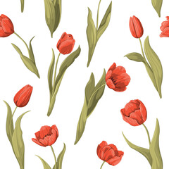 Obraz premium Seamless pattern with red tulips. Vector illustration. 