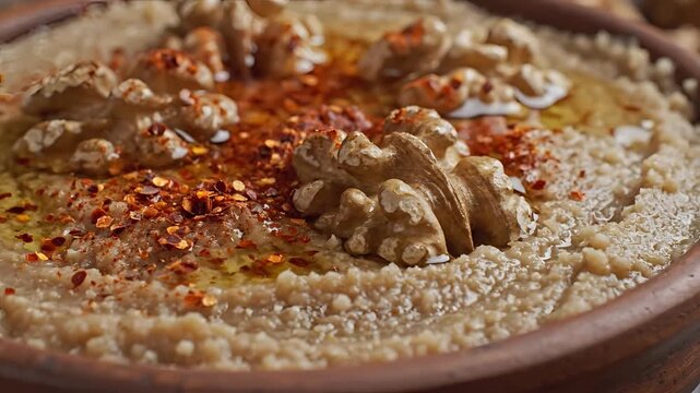 Delicious Hummus with Walnuts and Chili Flakes Drizzled with Olive Oil.