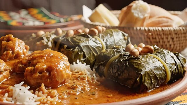 Delicious Traditional Middle Eastern Food Platter with Meatballs and Stuffed Grape Leaves.