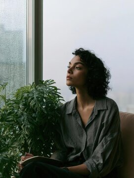 Young woman sitting on a couch in front of a large window. she is wearing a grey button-down shirt and has curly dark hair.