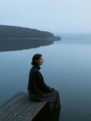Obraz premium Young woman sitting on a wooden pier overlooking a calm lake. she is wearing a black sweater and a long skirt, and her hair is pulled back in a bun.