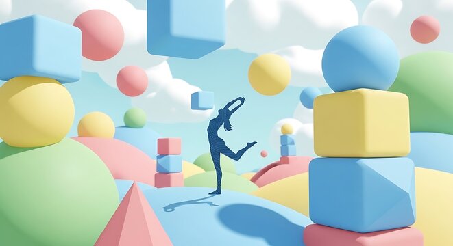 Toy penguin balancing on multicolored geometric blocks.