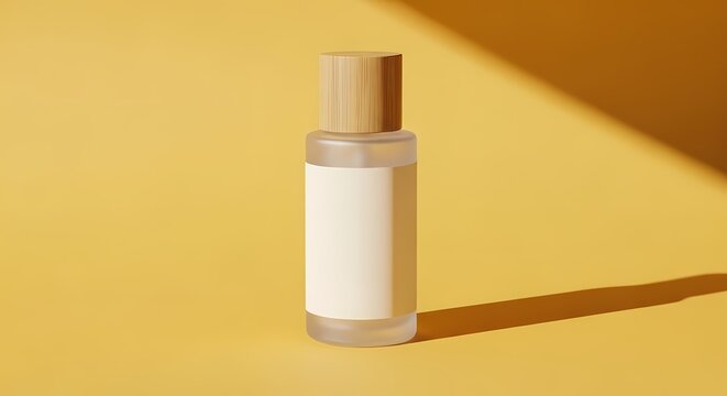 Minimalist glass bottle with wooden cap and blank label on yellow background
