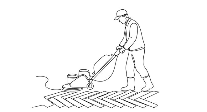 Man sanding wooden parquet floor using machine in workshop  