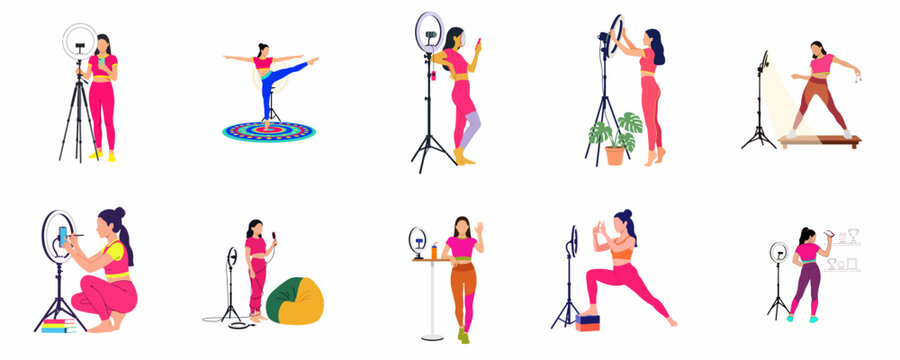 Set of female influencers creating digital content, streaming, and recording videos using ring lights and smartphones for social media platforms.