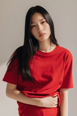 Obraz premium Young asian woman holding abdomen in neutral studio setting