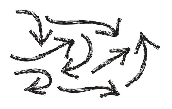 Brush, marker drawn bold arrows set. Collection of hand drawn doodle thick arrows in different directions.