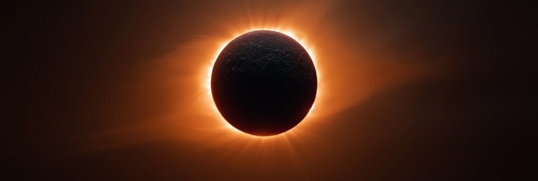 Dark moon surrounded by fiery corona during solar eclipse