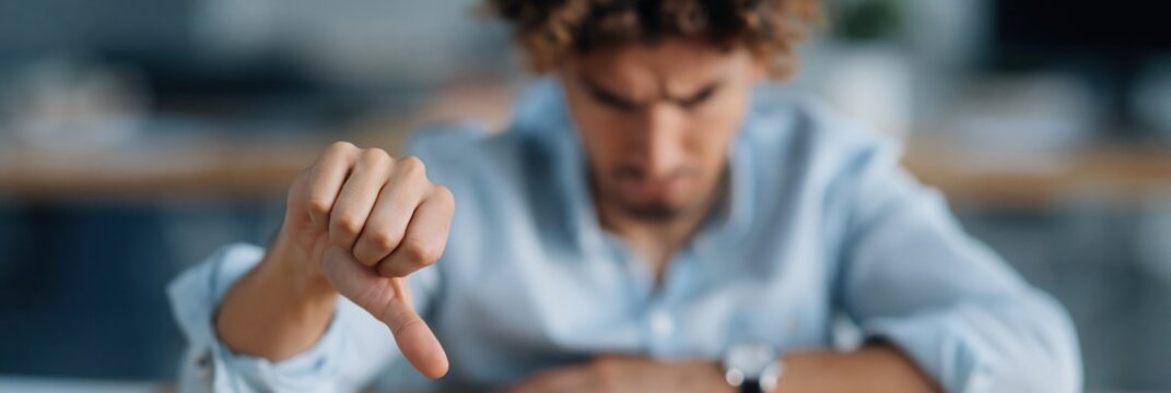 Man giving thumbs down in office setting with blur