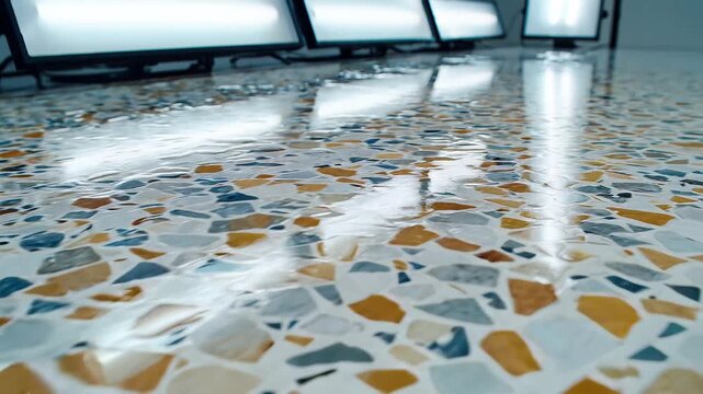 Polished Terrazzo Floor with Reflective Surface and Modern Lighting.