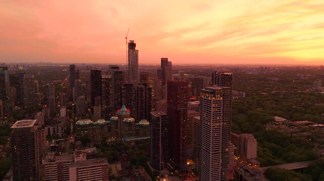 Toronto Bloor Sherbourne Skyline Dramatic Sunset Dusk Aerial Drone 4K