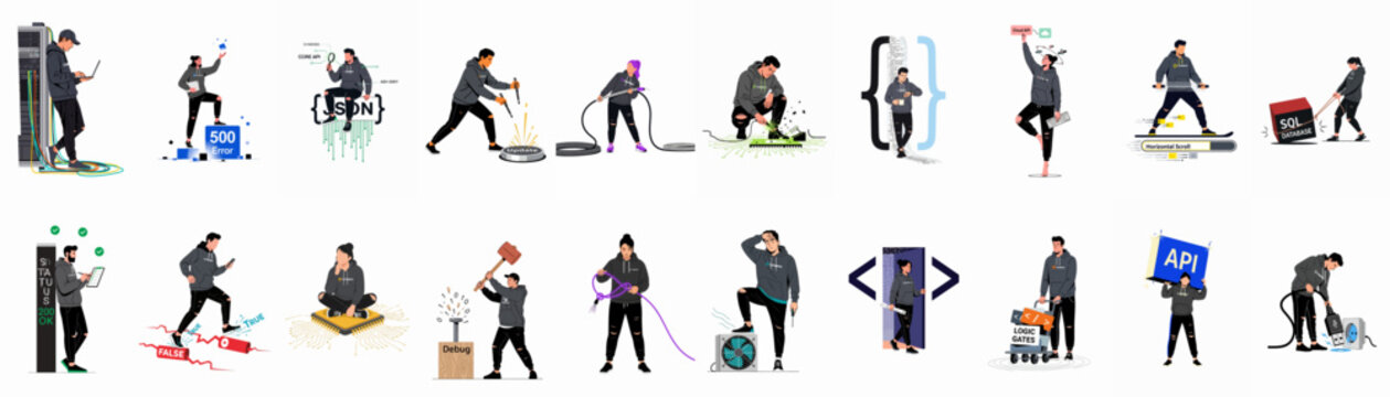 Creative collection of flat illustrations showing software developers and IT professionals performing various coding, debugging, database, and system maintenance tasks.