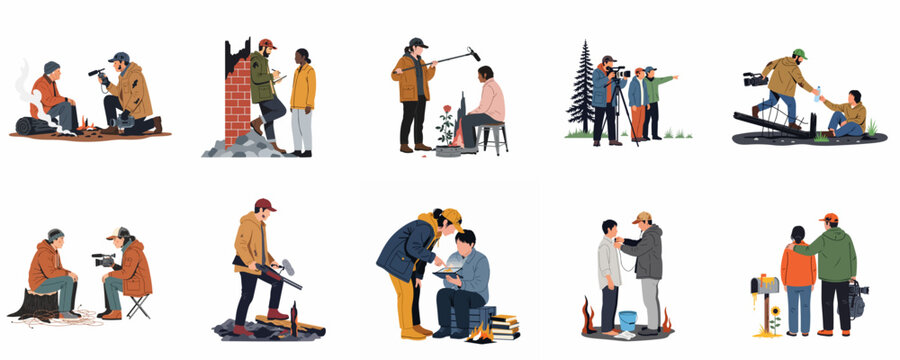 Flat vector illustrations of journalists and documentary filmmakers interviewing people in various challenging environments and crisis situations.