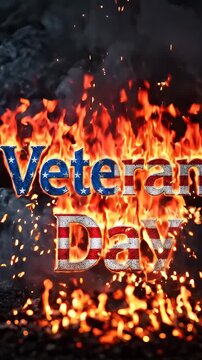 Veterans Day Text with Patriotic Fire Effect - Bold text spelling "Veterans Day" with the US flag pattern superimposed over fiery flames and dark smoke.