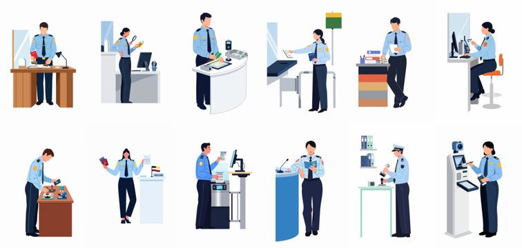 Collection of Border Control and Immigration Officers Performing Security Checks and Document Processing Tasks in Flat Illustration Style
