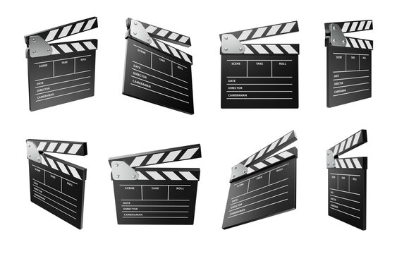 Movie Clapperboard. Film Directors ClapBoard. Cinema Equipment. Black Clapper Board realistic Icon. PNG 3D Illustration Isolated on white background.